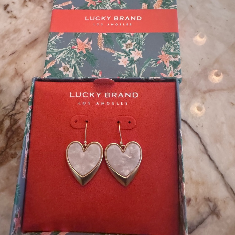 Lucky Brand Gold and White Heart Drop Earrings